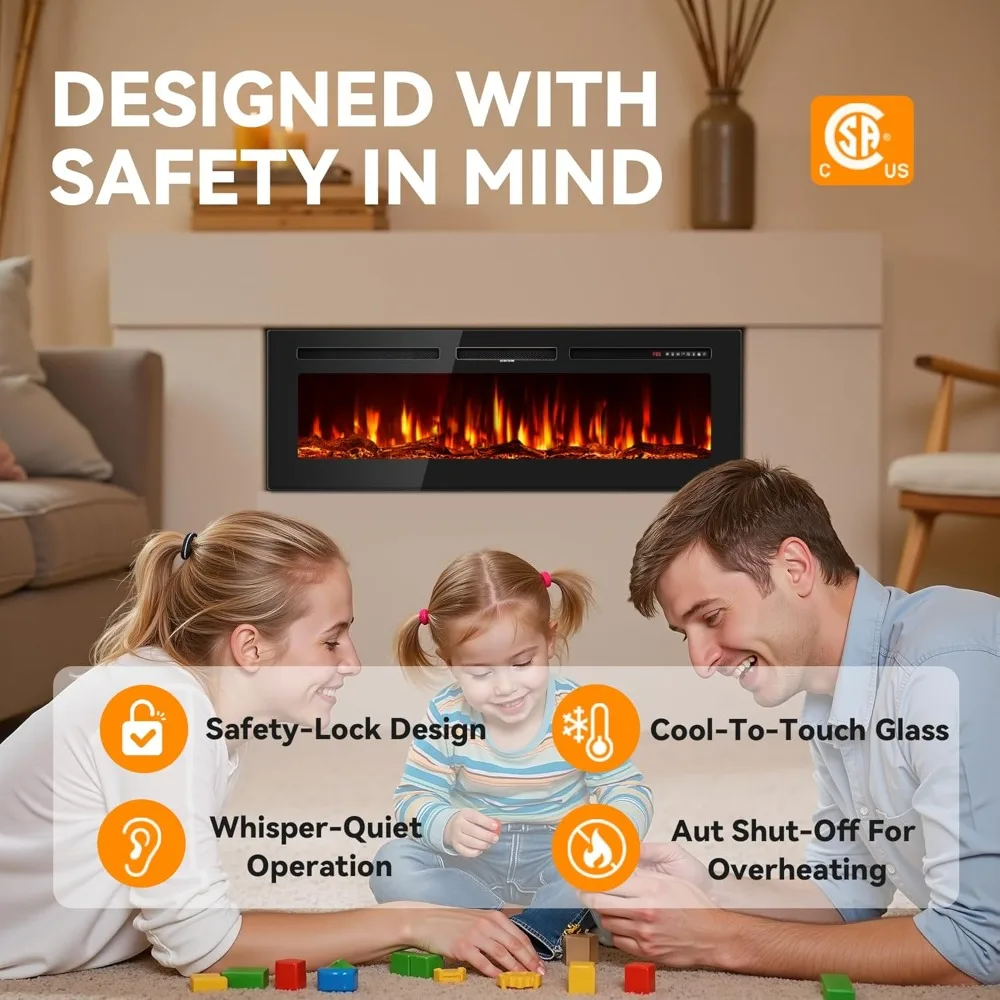 مدفأة كهربائية 50 بوصة مثبتة على الحائط ومثبتة على الحائط، سخان مدفأة خطي رفيع للغاية 750/1500 وات مع لهب واقعي #6