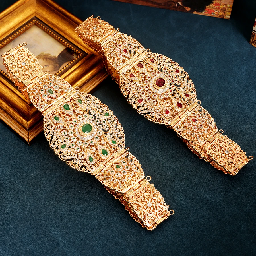 Ceinture de mariée marocaine de luxe, strass couleur or, longue chaîne pour femmes, bijoux Caftan, ceintures ethniques musulmanes pour robe de mariage