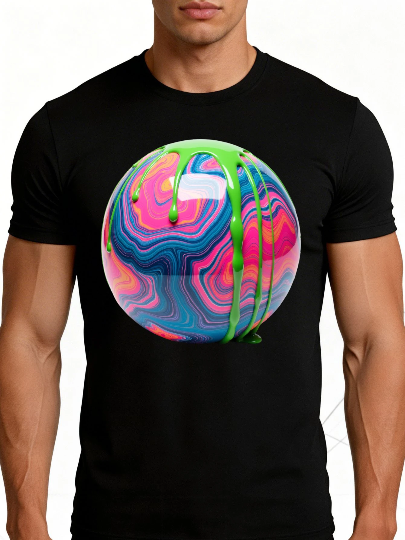 Men's Graphic T-Shirt - Breathable, Soft, Lightweight - Featuring Colorful Spheres with Green Drips - Vintage Fun Pattern Casual Short Sleeve Summer Top, Gift for Him