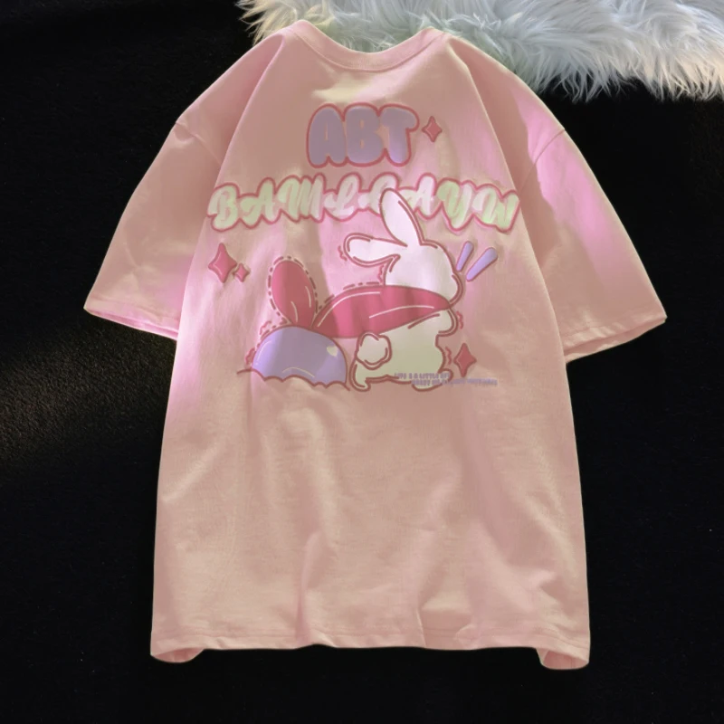 Pink Rabbit Short Sleeve T-Shirt Women's Pure Cotton round Neck Loose Print Anti-Aging Large Size Conceal Belly Trendy Top