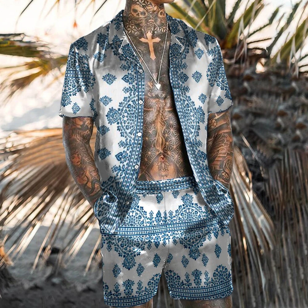 

Men's Hawaiian Short Sleeved Shirt And Shorts Set Geometric Printing Two-Piece Bottom Lapel Button Shirt Drawstring Beach Shorts