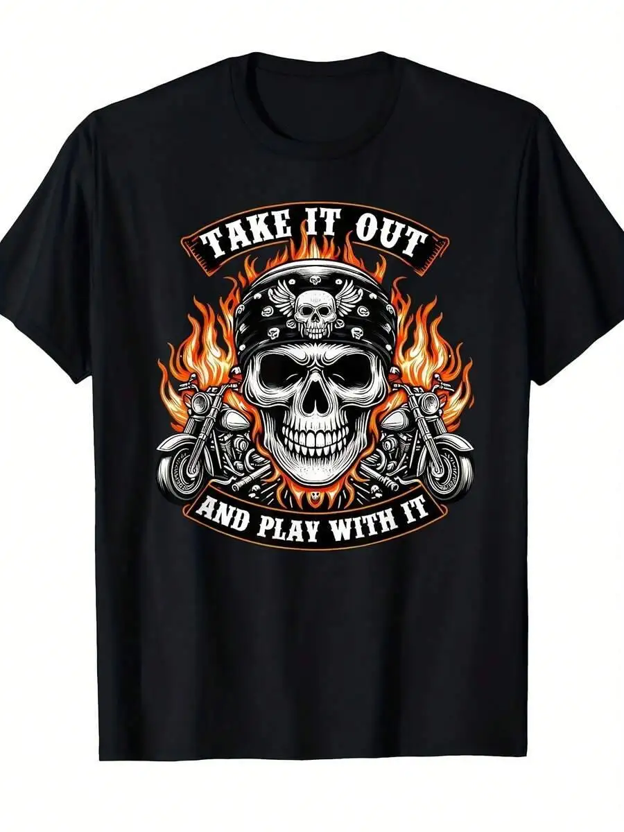 Men's Funny "Take It Out Play With It" Skeleton Biker Graphic T-Shirt Edgy Skull Flames Design, Retro Vintage Style, Comfortable