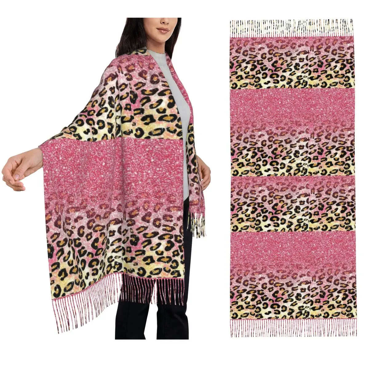 

Bubble Gum Pink Faux Glitter Leopard Animal Print Scarf Tassel Scarves for Women Shawls and Wraps Long Fall Winter Shawl Wrap