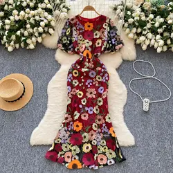 Luxury Lace Long Dresses Women Summer Holiday 3D Flower Embroidery Short Sleeve Mermaids Robe Evening Wedding Dress Female