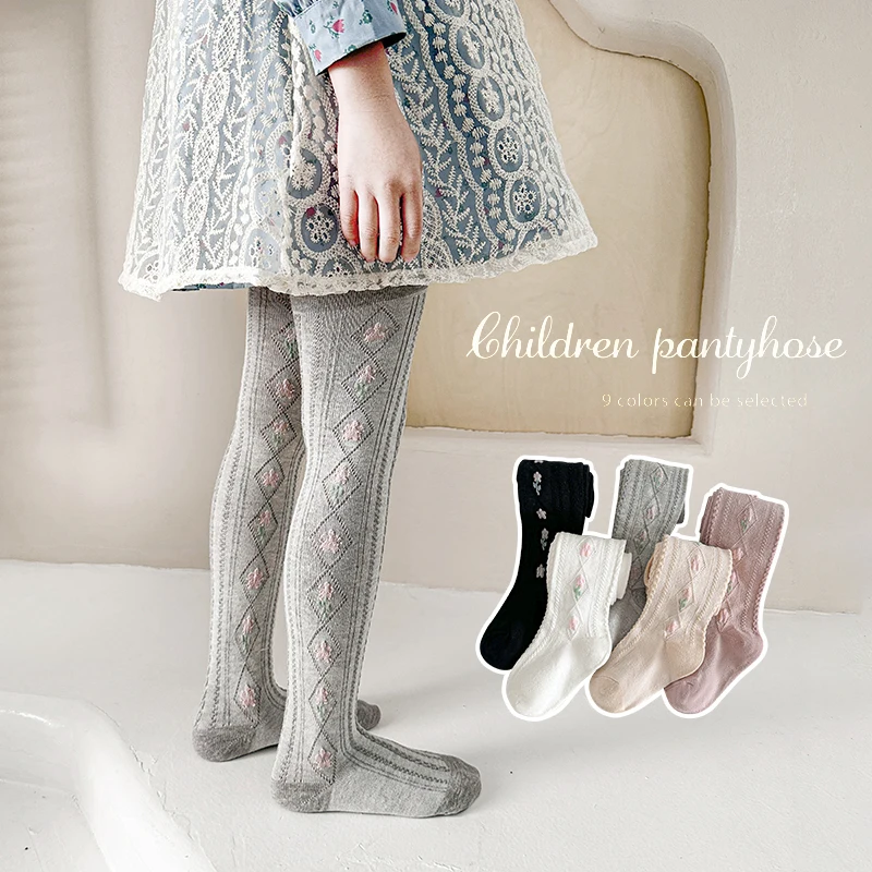 Lattice Tulip Floral Jacquard Footed Pantyhose For Cute Little Children Spring Autumn Fabric Comfort Stretch Ventilated Leggings
