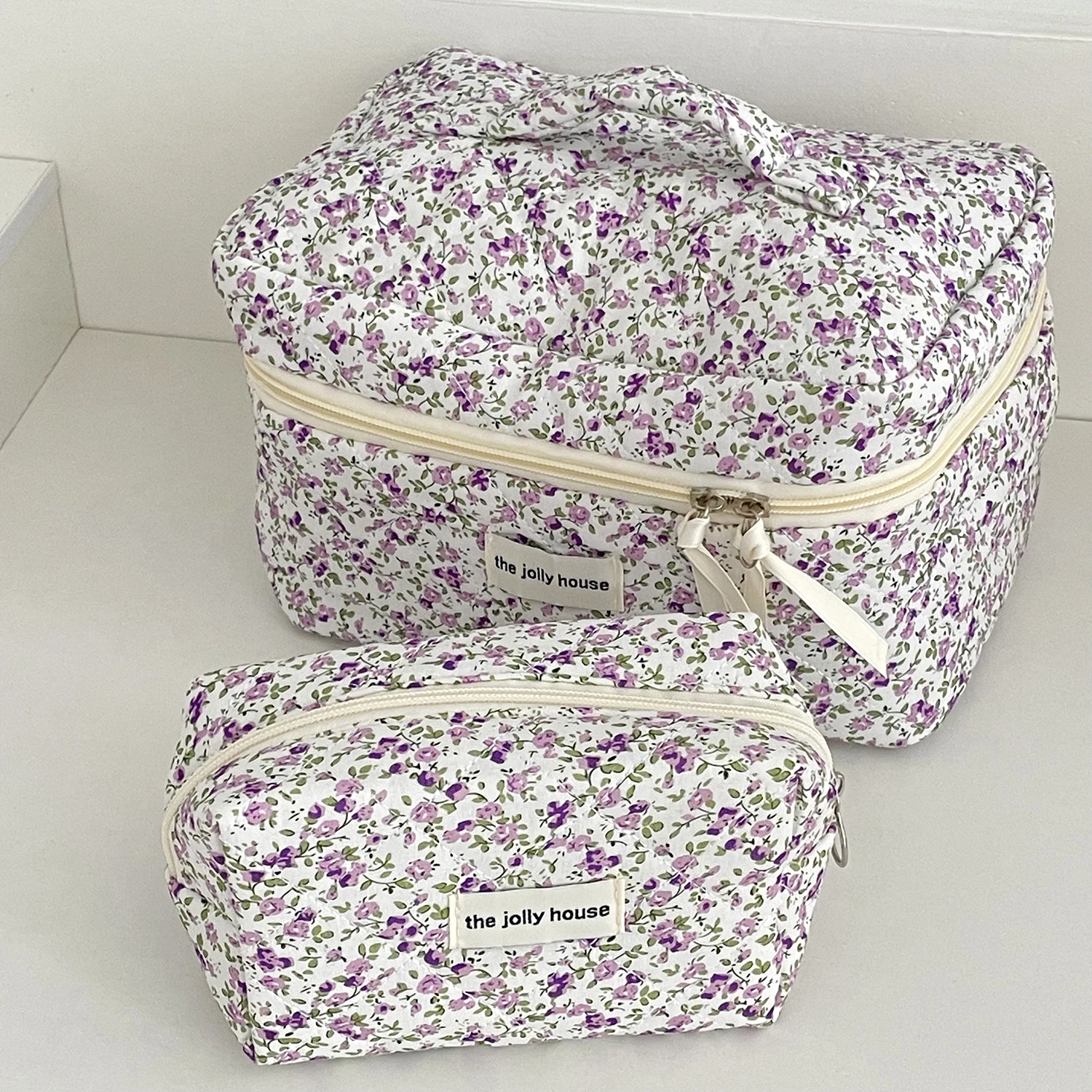 The Jelly Home-Cosmetic Bag Fabric Quilted, Multi Compartment Portable, Hold Makeup For Short Trip, Vintage Purple Floral Style