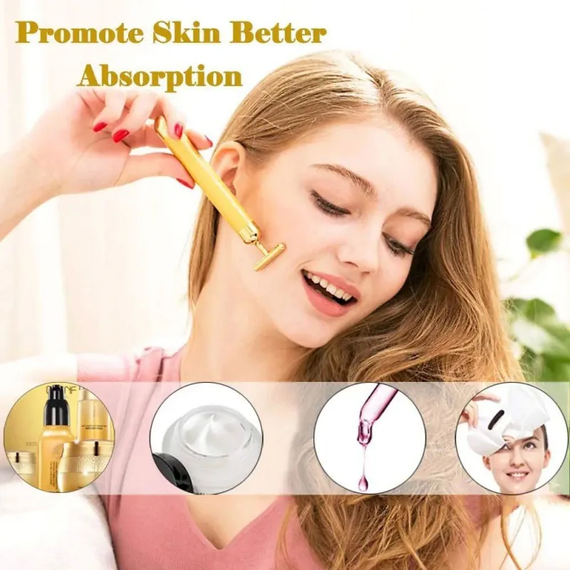 24K Gold Roller Vibrating Facial Massager Slimming Facial Skin Beauty Bar Pulse Firming Face Massage Lift Tightening Wrinkle Bar