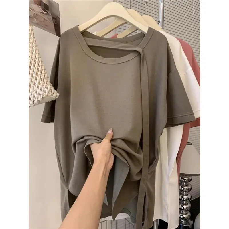 Camiseta de manga corta con cuello en U para mujer, Top holgado y adelgazante que cubre el vientre, Irregular y elegante, para verano