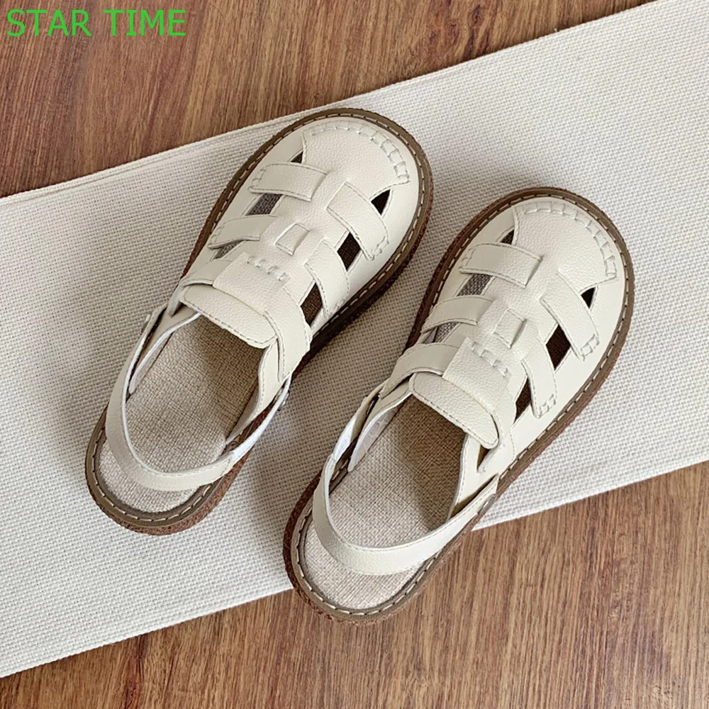 Round Toe Hollow Roman Sandals 2024 Summer Back Strap Thick Soled Beach Sandals White Fashion Women Shoes