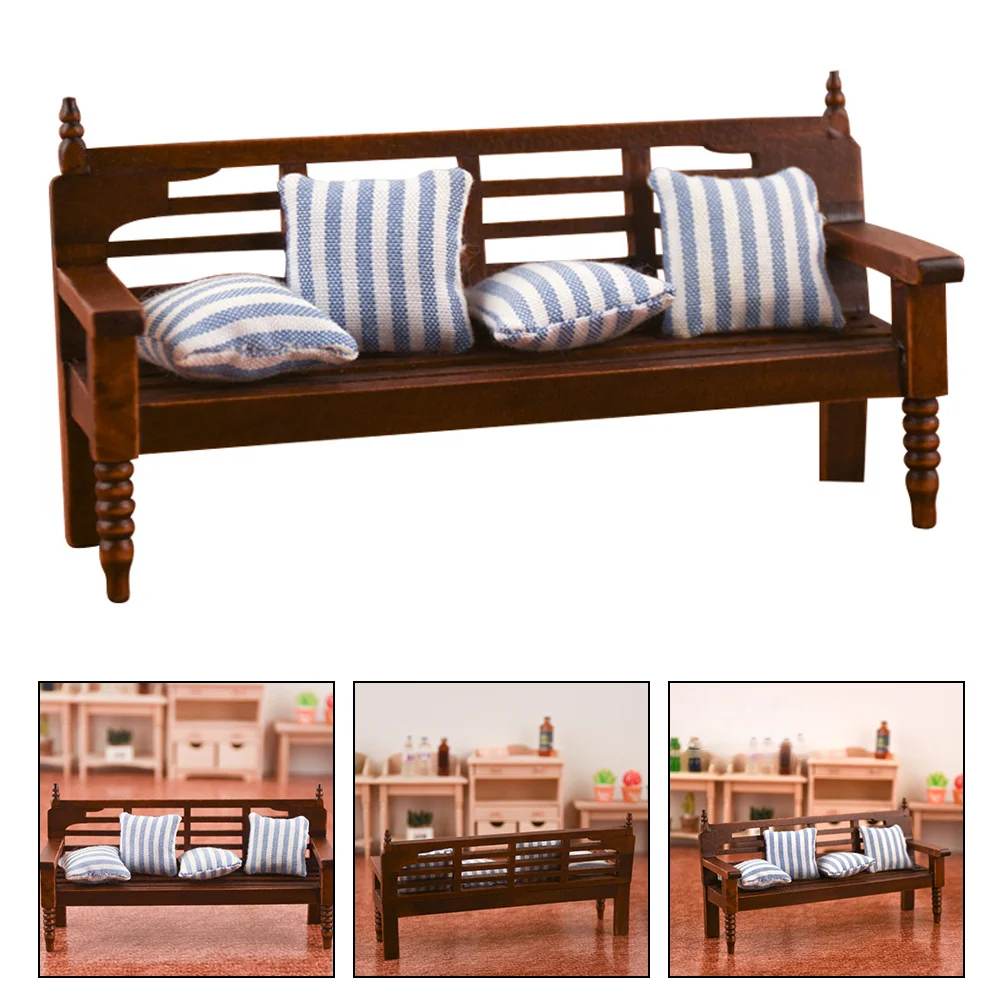 Multi-person Chair Model Wood Bench Mini House Decor Delicate Pillow Craft Decors Furniture