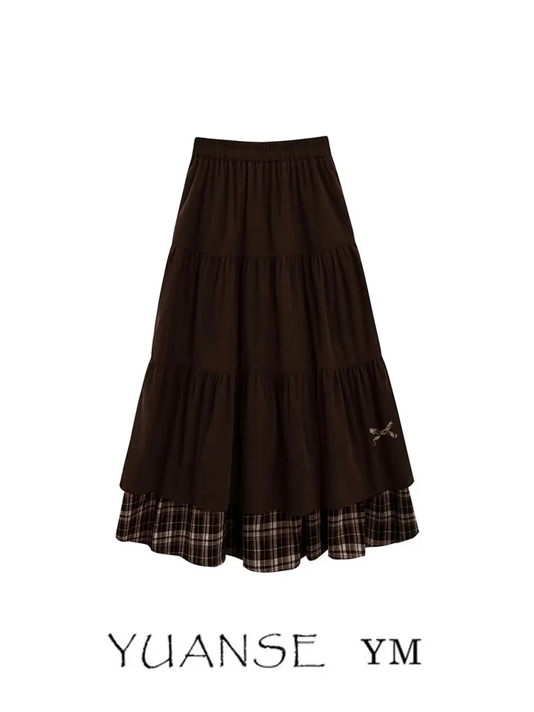 Chic Plaid Patchwork Corduroy Midi Skirt for Women Autumn Winter Layered  Knot Color Block A-Line Skirt
