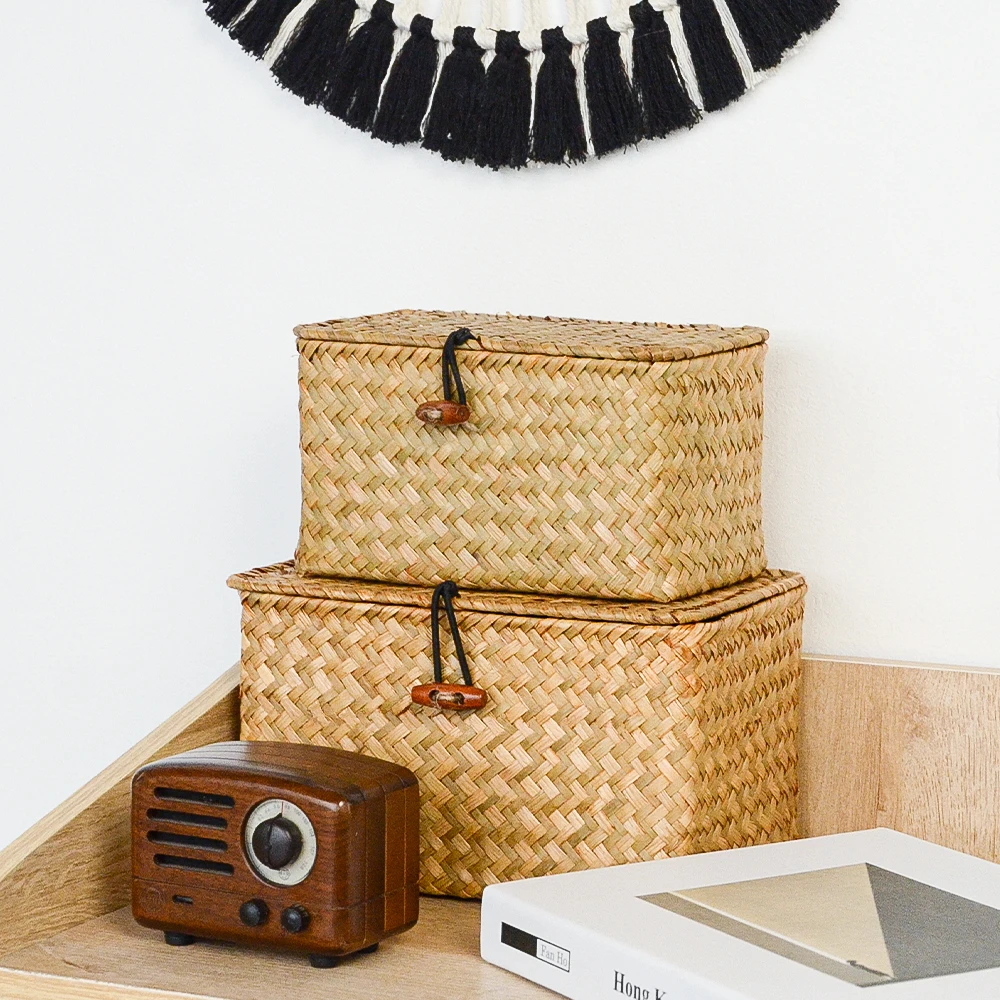 Lager regal Korb mit Deckel rechteckige handgemachte Seegras Rattan gewebte Make-up Organizer Mehrzweck behälter natürliche Box