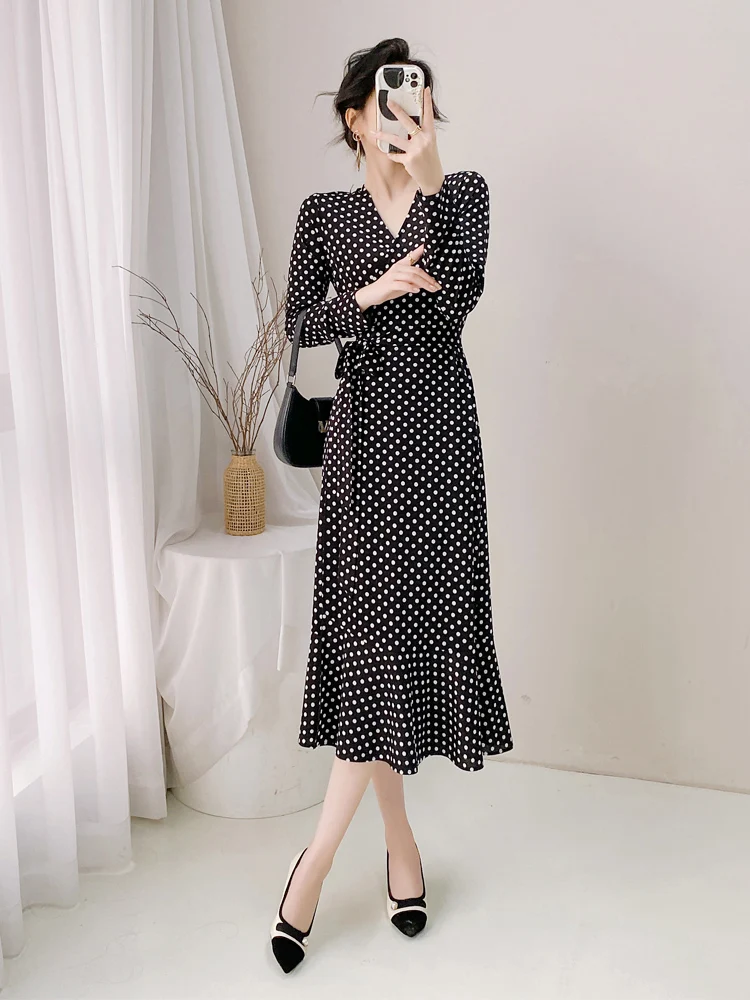 

Spring Summer Wrap Dr Bla White Polka Dot Fi Tail Skirt Long Sve V Ne a Line Gown Sweet Sle High Waist Bubble S...