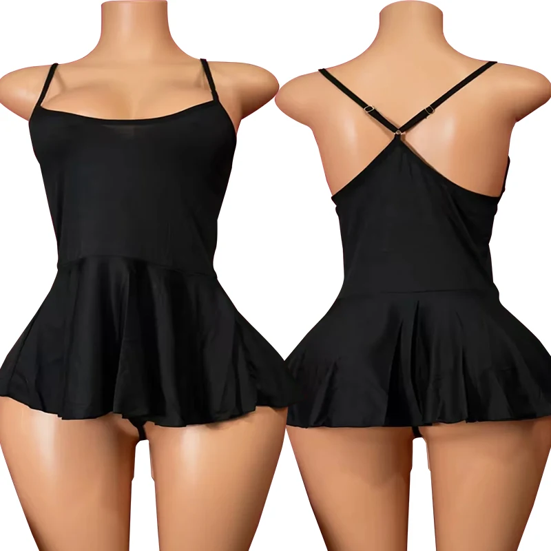 Black Sexy Crotchless Lingeries For Women Teddies Bodysuit Erotic Costumes Mini Baby Doll Dress Sleeveless Open Back Bodysuits