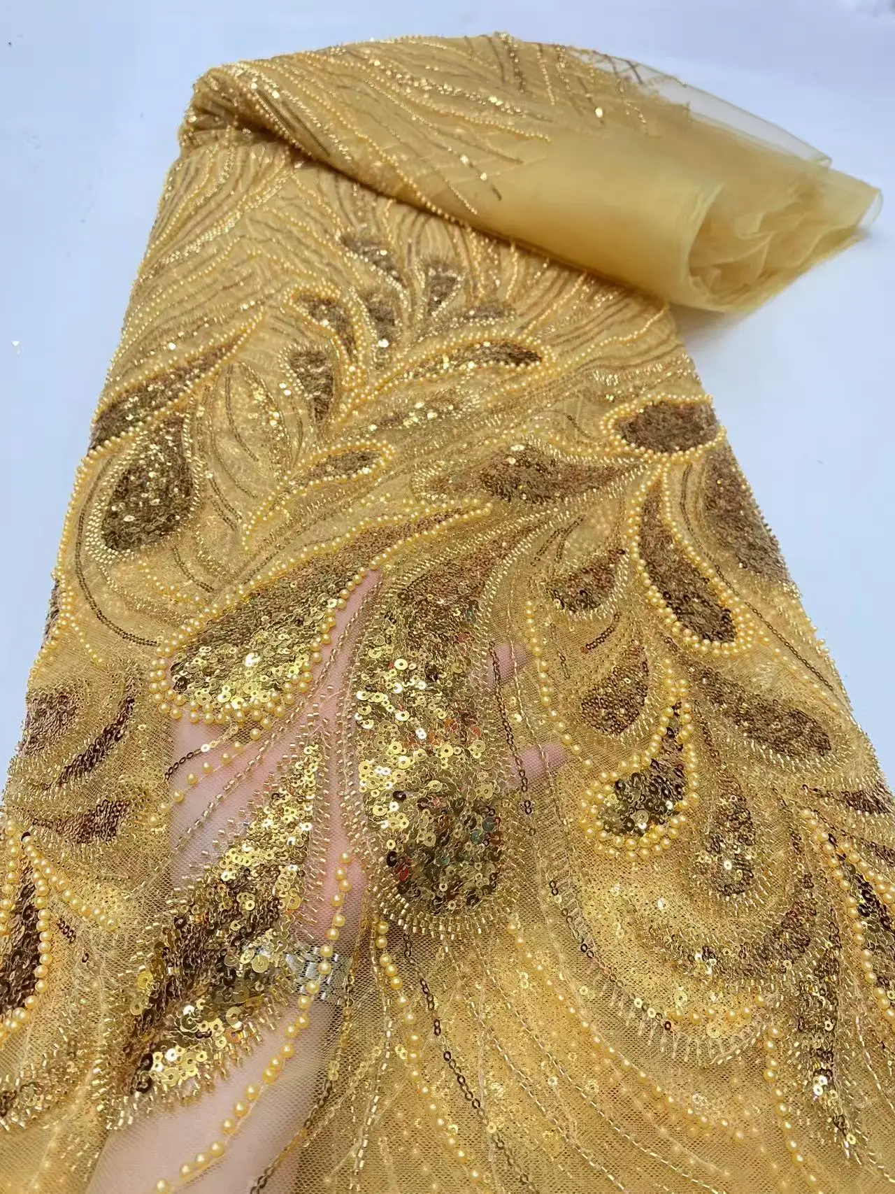 

Новейшая роскошная золотая вышивка с блестками, бусины ручной работы, африканская кружевная ткань, 2025 г., высококачественная французская кружевная ткань для платья LDP25130