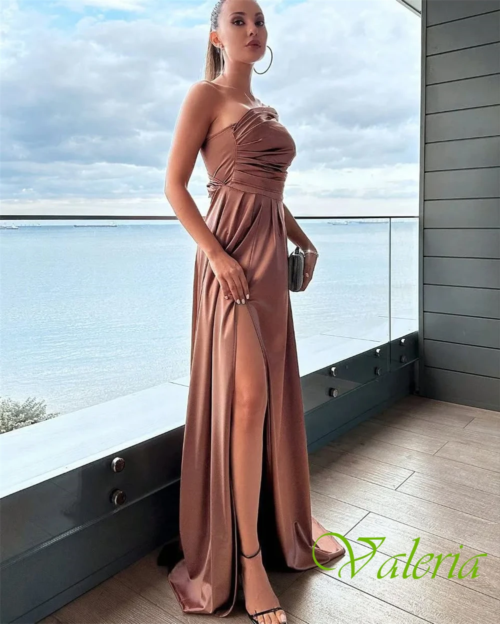 Customized Modern Satin One Shoulder Evening Dress Exquisite Front Slit Prom Dress Fashion Sweep Train Special Occasion Gowns