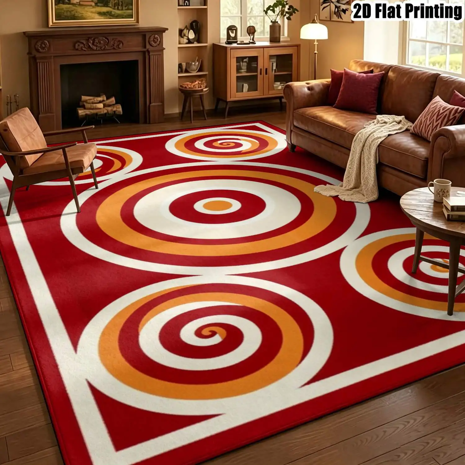 1Pc 2D Printed Carpet: Red-Orange Geometric Spiral, Modern Simple Retro Instagram Style, Multi-Size Machine Washable, Home Decor for Entryway, Dining Room, Bedroom, Living Room, Study