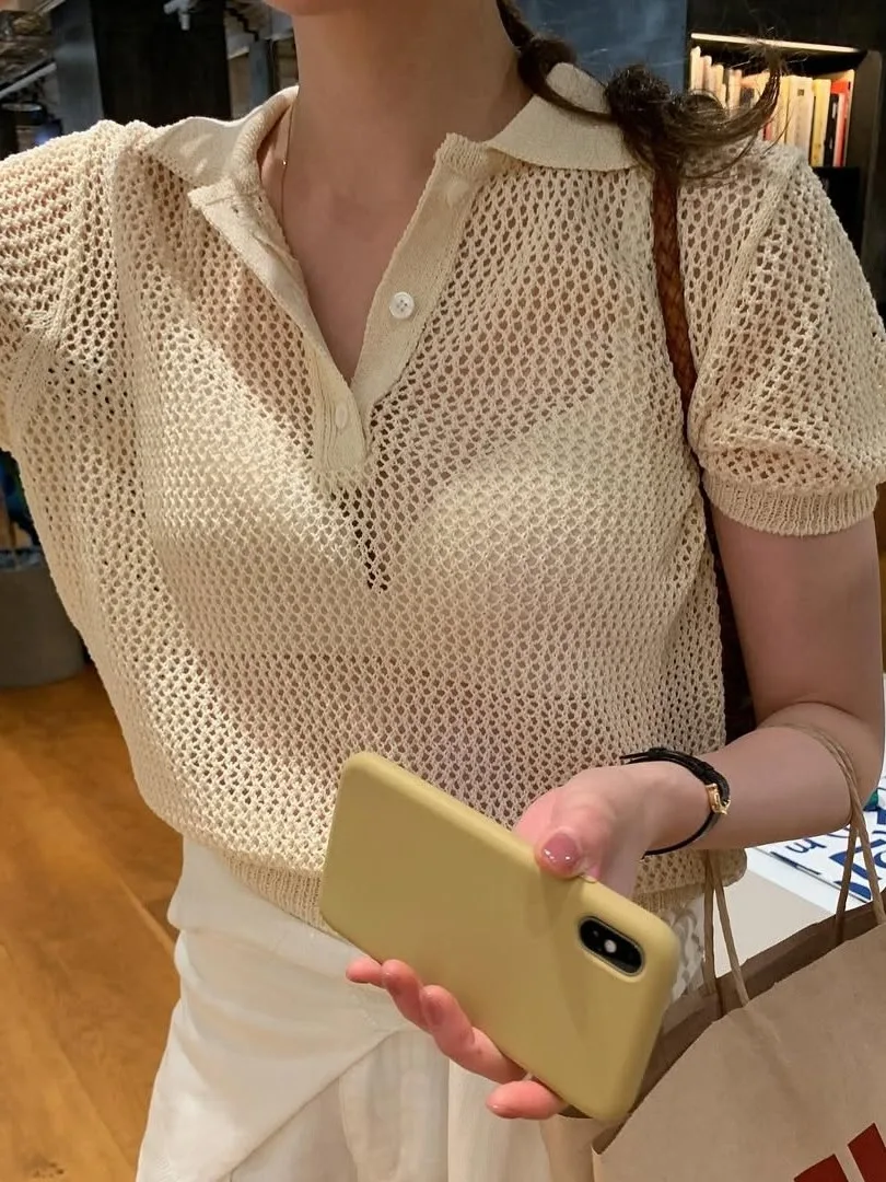 

Ele Thin Knitted Top Women's Summer 2025 Loose Collared ort Sve Faionable Versatile Trendy Polyester Fiber 00%