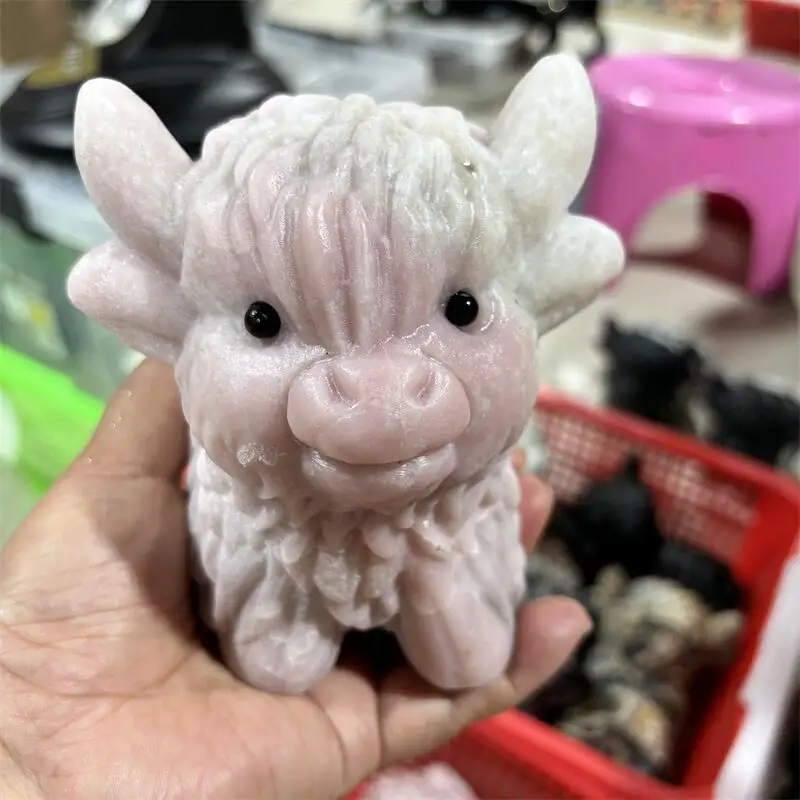 Natural Pink Opal Highland Yak Carving Memnon Megalith Powerful Statue For Home Room Decoration Gift 1PCS