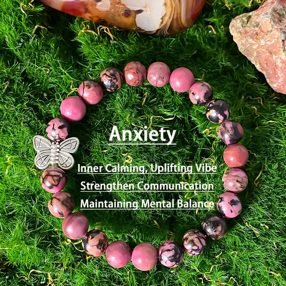 Elegant Natural Stone Pink Zebra Rhodonite Beaded Butterfly Bracelet For Women Handmade Vintage Jewelry Gift