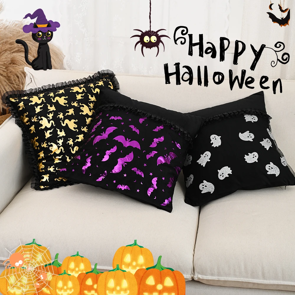 BUYNOW Halloween Mesh Lace Bat Ghost 18x18inch Pillowcase Funny Halloween Party Home Living Room Sofa Saddle Cushion Cover Decor