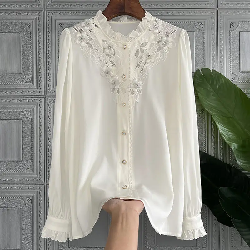 2024 Autumn New Women\'s Ruffled Neck Embroidery Hollow Out Blouse Button Fashion Loose Unique Niche Design Long Sleeve Shirt