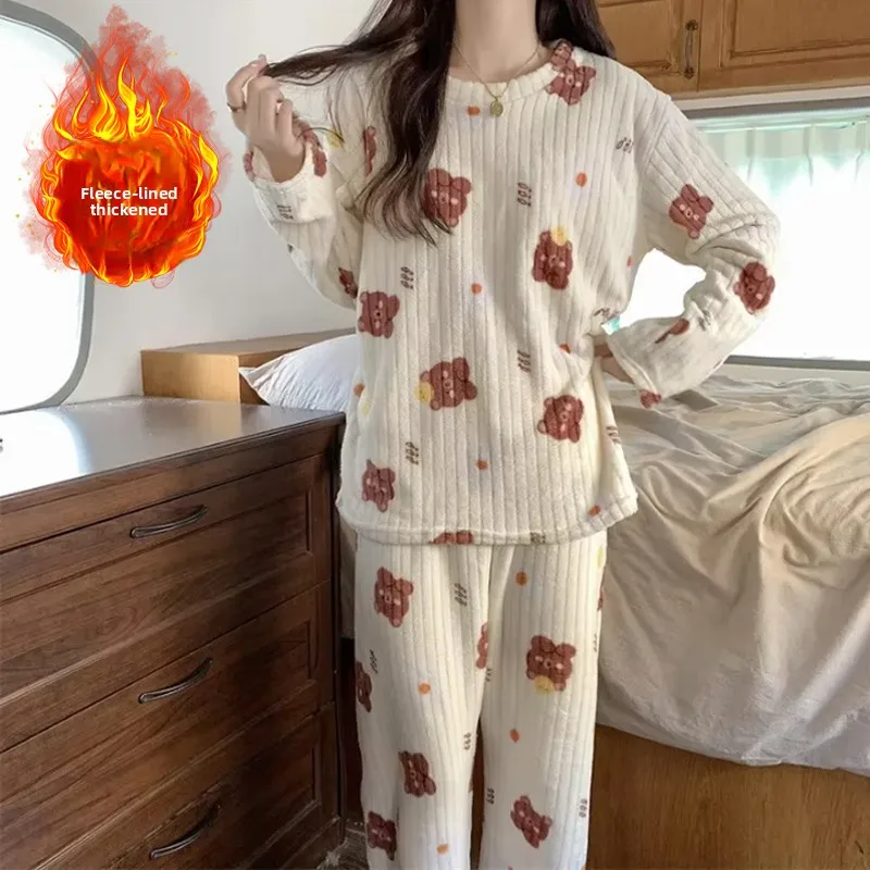 

Women Warm Thicken Fleece 2 Pieces Sets O-Neck Long Sleeve Top & Elastic Waist Pants Cute Peach Print Pajamas Set