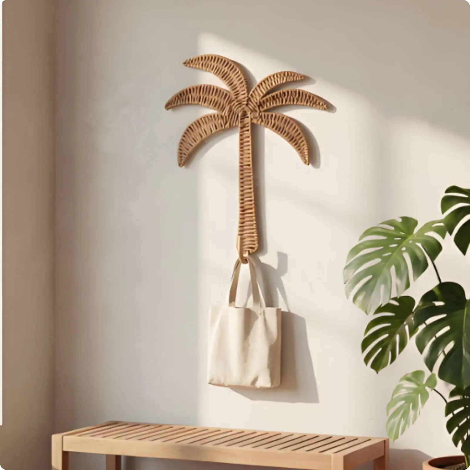 Palm Tree Wall Hanging Shelf Braided Craft Wall Hook Sticker Decorative Storage Shelf for Entryway Hallway