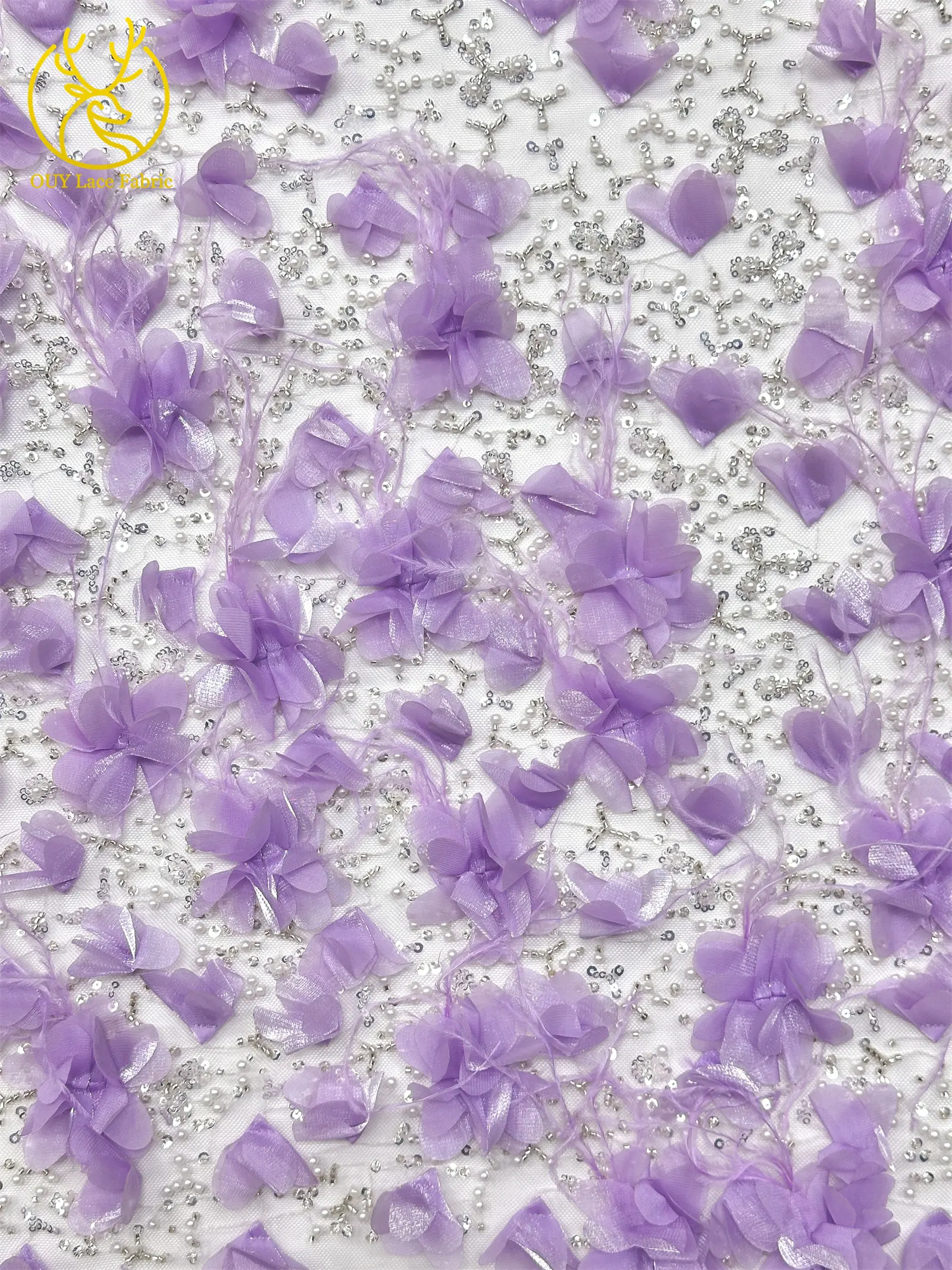 Eleganter handgefertigter 3D-Applikations-Spitzenstoff 2026, hochwertige französische Pailletten-Tüllspitze für Hochzeits- und Partykleider, 5 Yards – Detail 10
