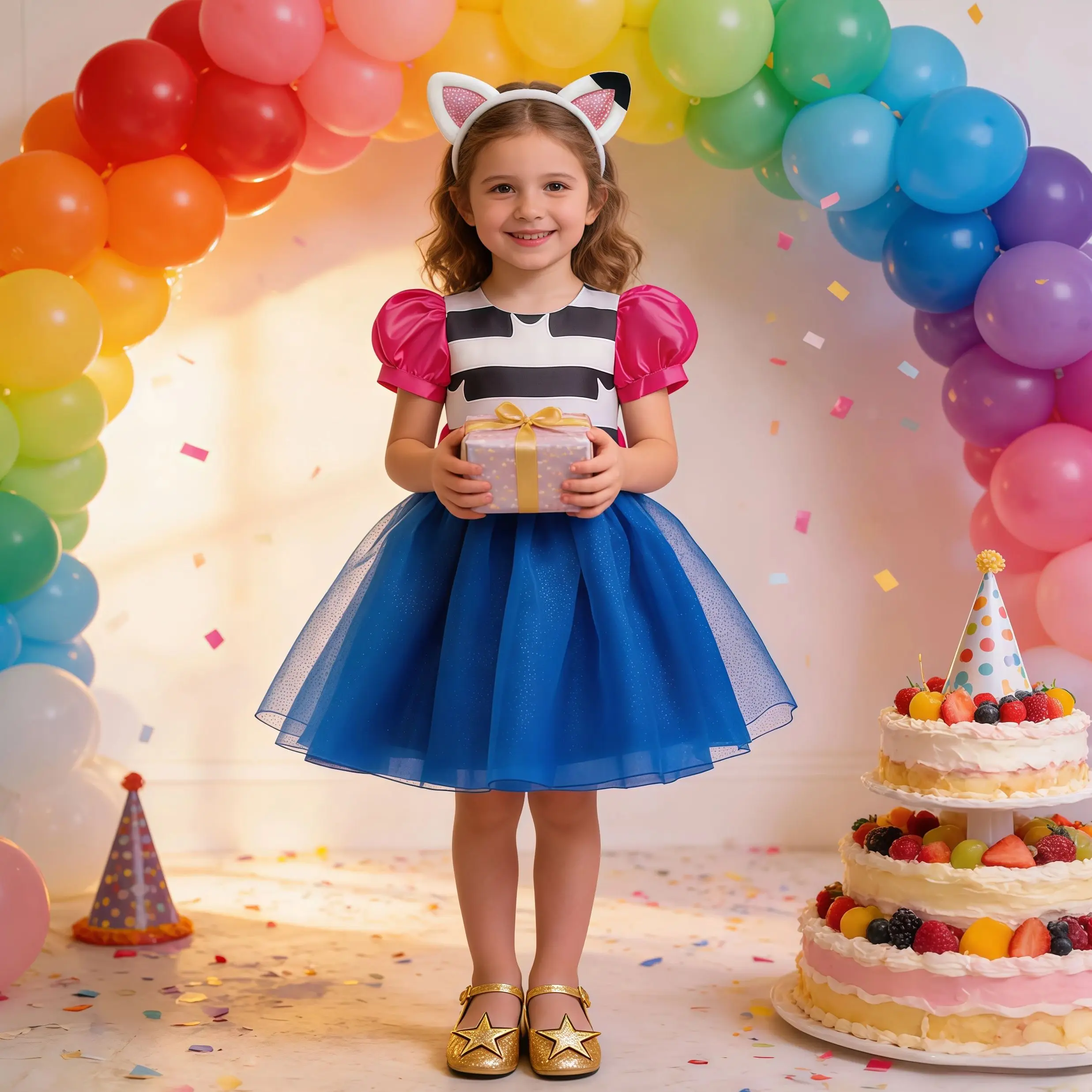 Kids Girls Gabby Dollhouse Cosplay Princess Dress Children Puff Sleeve Bow Tulle Gown For Carnival Halloween Birthday Outfit