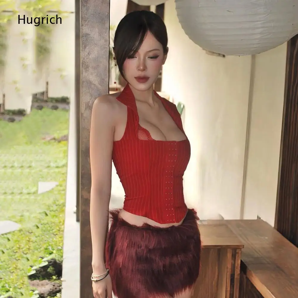 Women Red Vertical Stripe Halter Corset Top Lapel Collar Front Eyelet Hook Slim Cropped Mesh Panel Party Bustier