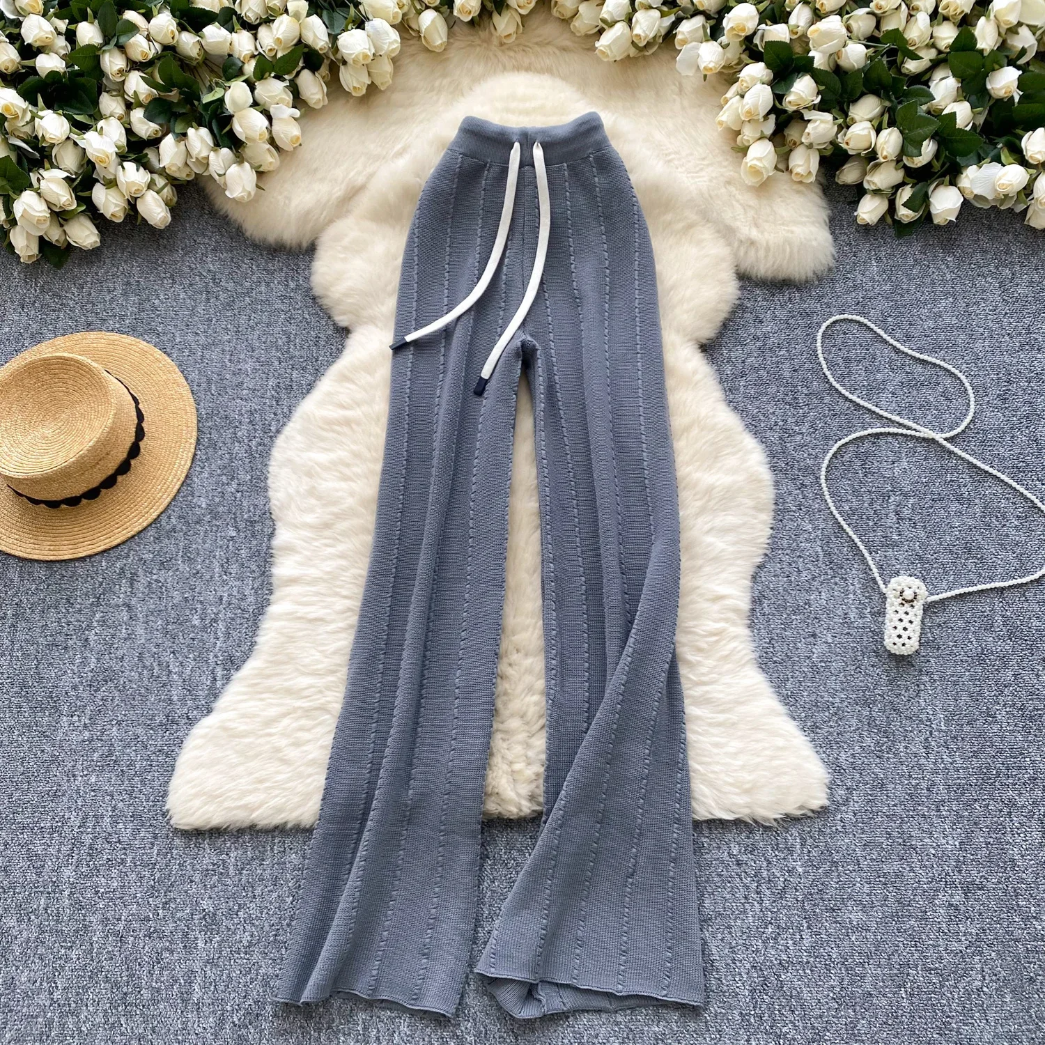 Casual Knit High Waist Vintage Women Basics Draw String Chic Wide Leg Pants Korean High Street Office Autumn Elastic Clothing