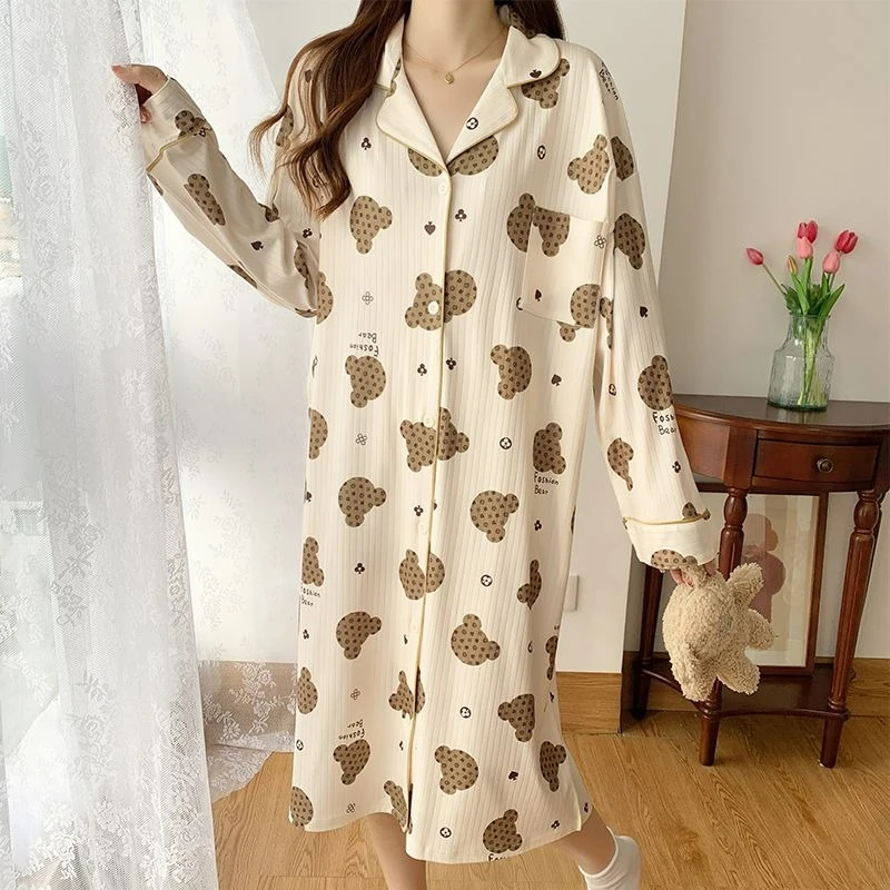 Women's Knitted Pajamas Long Below The Knee Large Size Casual Nightdress Spring Autumn Lapel Cartoon Sweet Student Homewear 2024