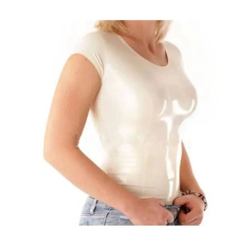 

Sexy and tight fitting Natural Handmade White Latex T-Shirt Costumes for Women Rubber Top Tight Customize