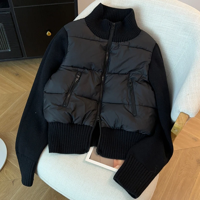 Korean Gentle Style Grey Knitted Splicing Sleeve Cotton Jacket Women's Winter New Short Thick Warm Coats Versatile Outerwear