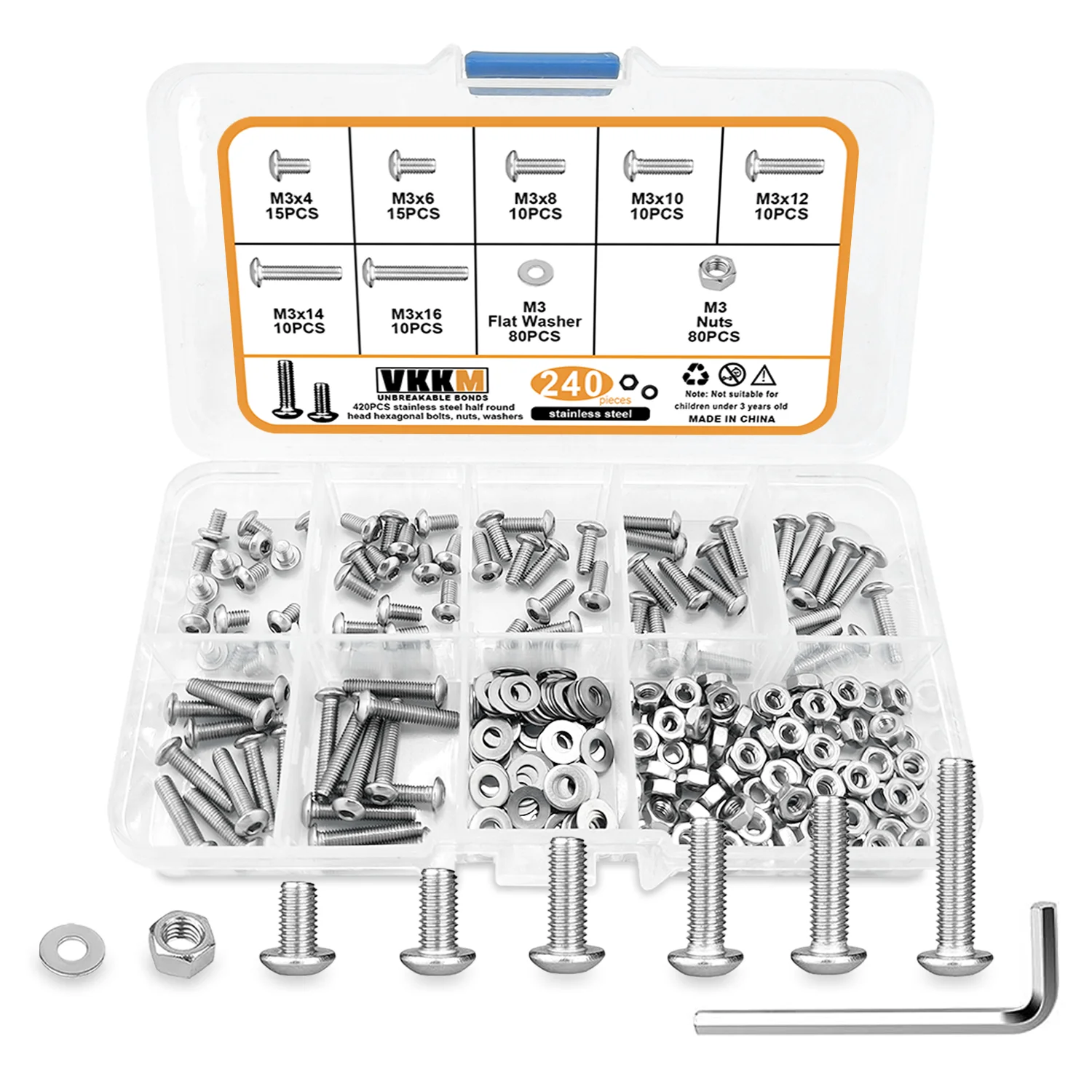 240Pcs M3 Hex Head Screws, M3x4/6/8/10/12/14/16mm Button Head Stainless Steel Internal Hexagon Screw Washer Nut Set