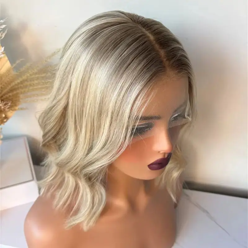 New In Ombre Ash Blonde Synthetic HD Lace Front Wig Heat Resistant Fiber Wigs for Women Realistic Look Hairline Short Wave Bob