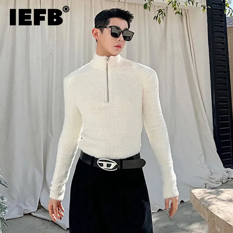 IEFB Korean Style Men's T-shirts Silm Shoulder Padded Zipper Turtleneck Pullover Casual Male Fleece Top Autumn Stylish 9C3855