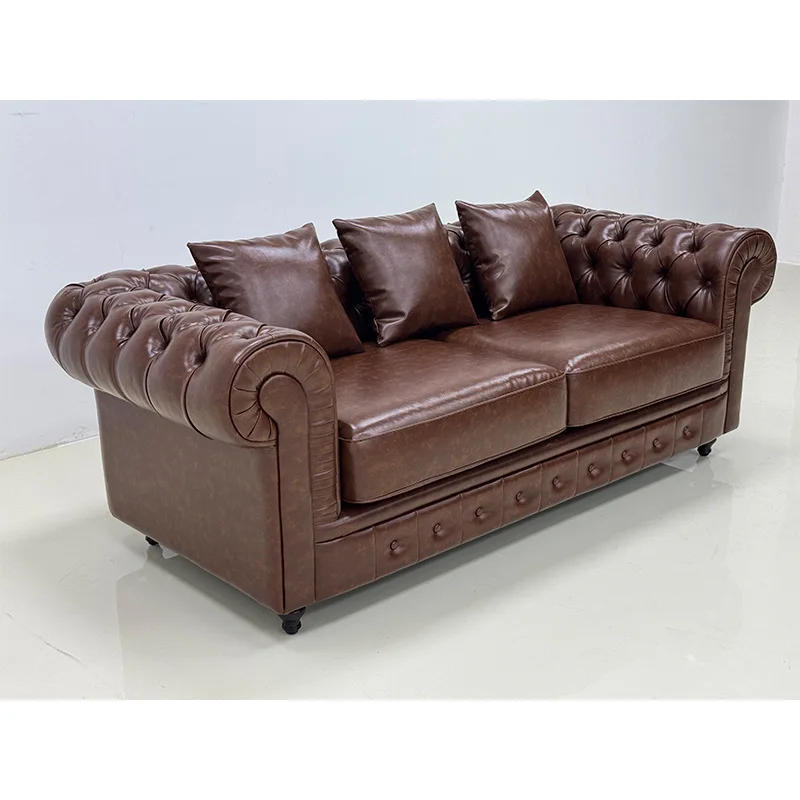 American light luxury retro buckle leather sofa living room villa antique bar oil wax leather classic combination sofa