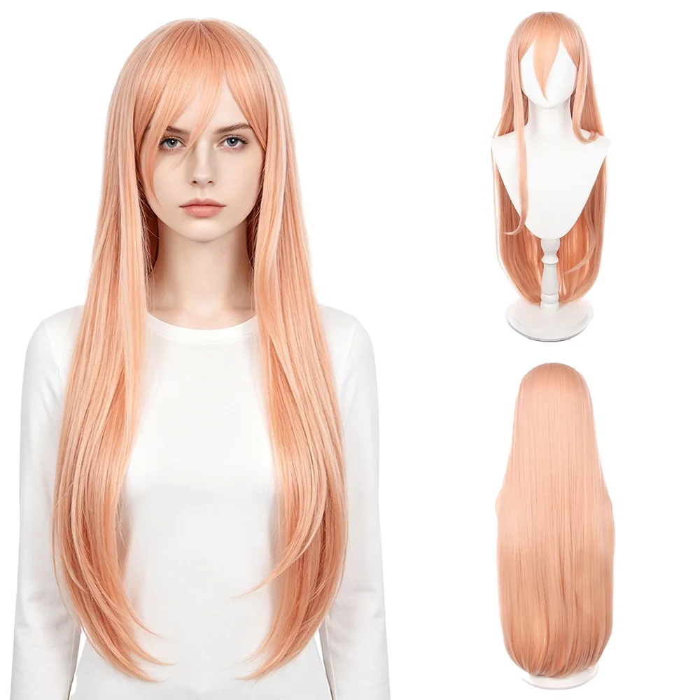 Peach Pink Extra Long Straight Wig 37Inch Heat Resistant Synthetic Wig with Bangs For Women Halloween Costume Party Daily Use