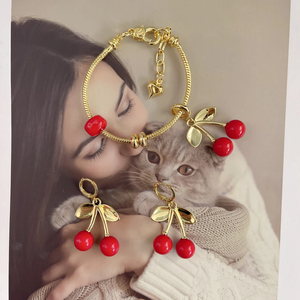 5 pcs/lot Cute Fruit Fashion Accessories Cherry Fruit Jewelry Set Earrings Bracelet Gift for Women