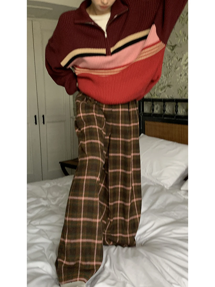 High Waist Wide Leg Woolen Pants Women's Loose Casual Plaid Trousers Autumn Winter New Sle G Sle Commute Faion