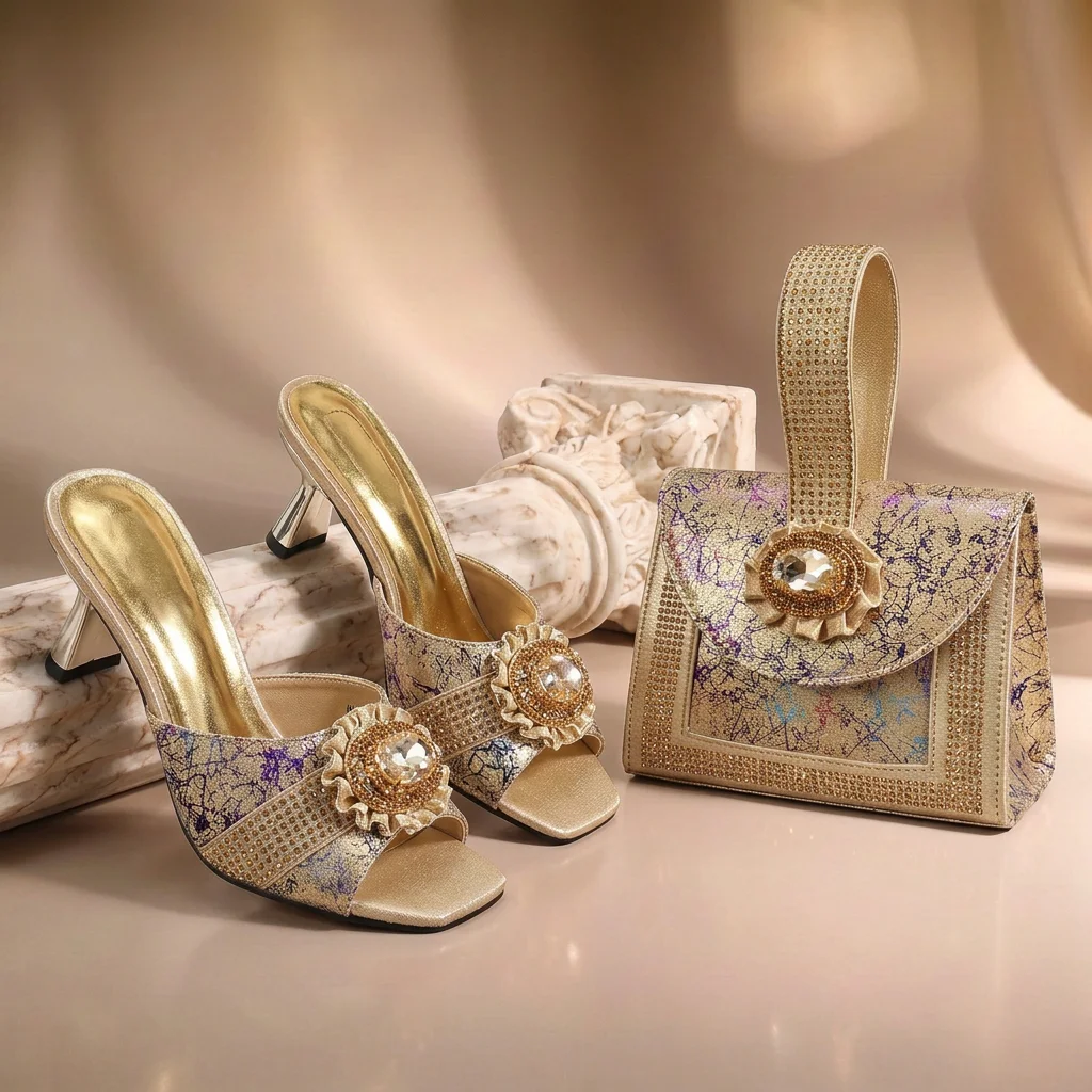 European and American High-End Women's Shoes with Bag  Wide open-toe shoe Nigerian Wedding Shoes and Bag