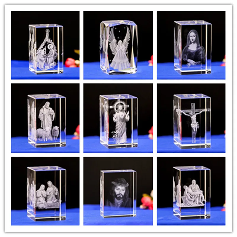 3D K9 Crystal 5x5x8cm Cube Christian Jesus Cross Figurine Home Decor Virgin Laser Engrave Crystal Religious gifts for Kids birth