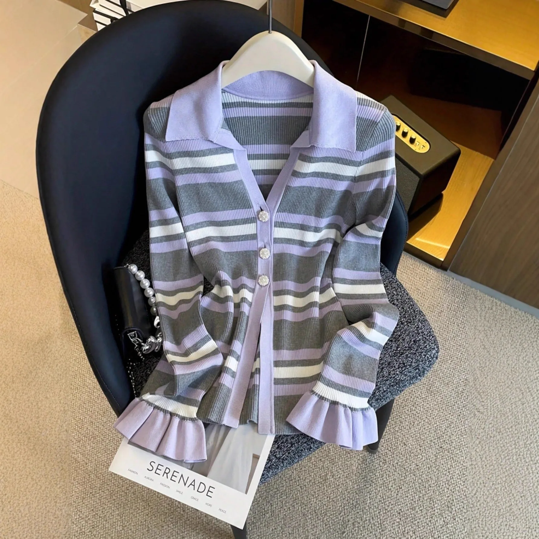 Winter Women's Clothing Elegant Casual Women's Cardigan Retro Striped Contrasting Knitted Cardigan