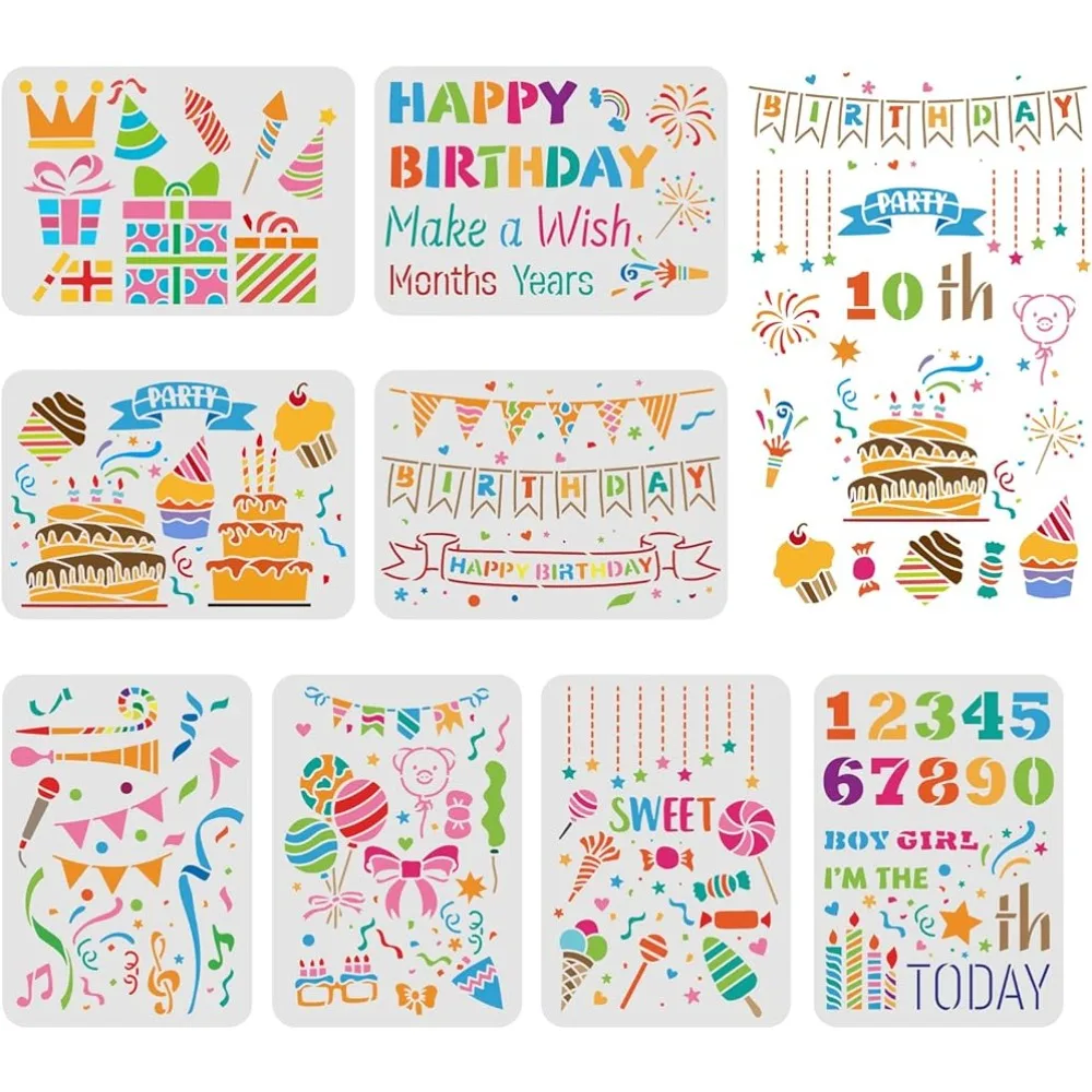 8pcs Bithday Party Drawing Painting Stencils Templates (11.6x8.3inch) Bithday Theme Templates Decoration Happy Bithday Drawing