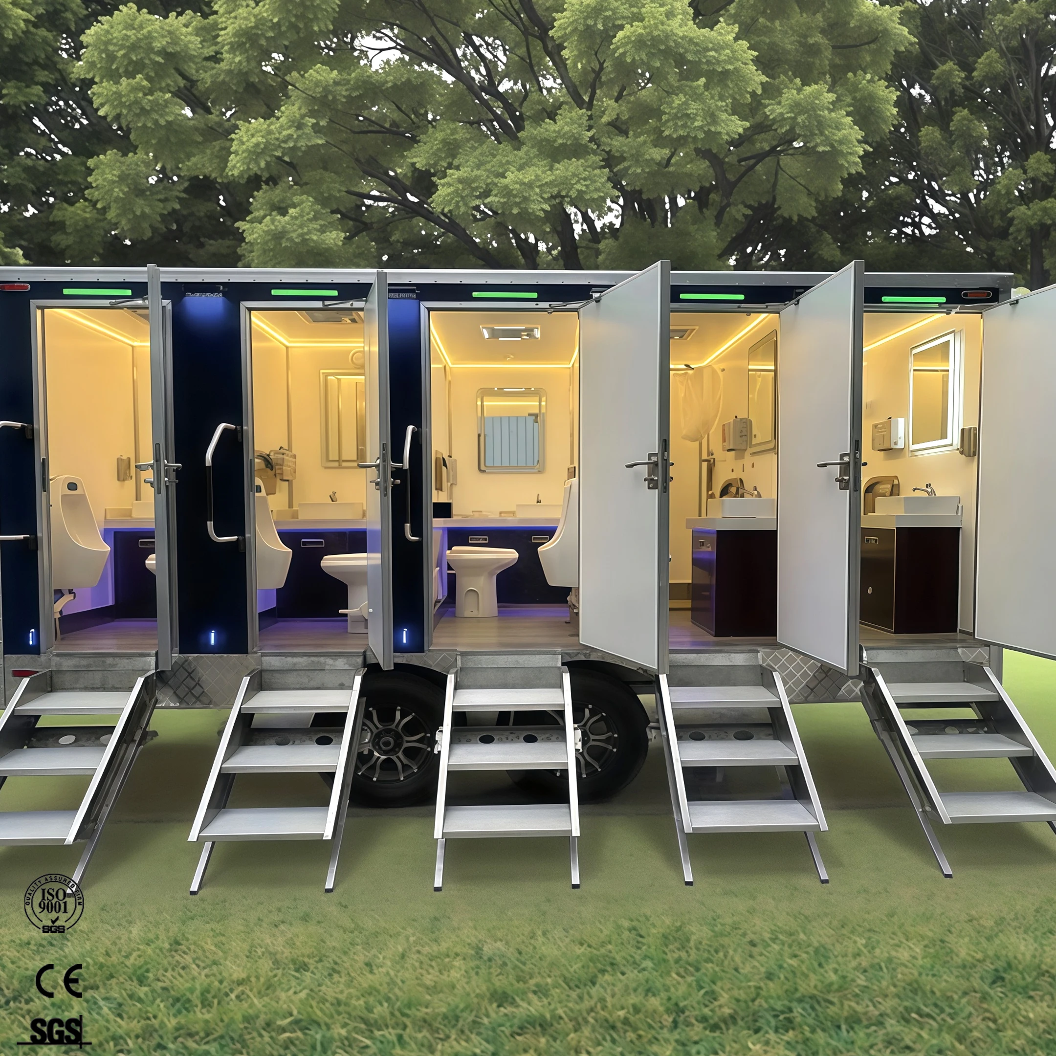 Luxury Steel Mobile Bathroom Trailer Portable Toilets with Bidet Shattaf Sprayer for Outdoor Park Use Hotels Resorts VIP Events