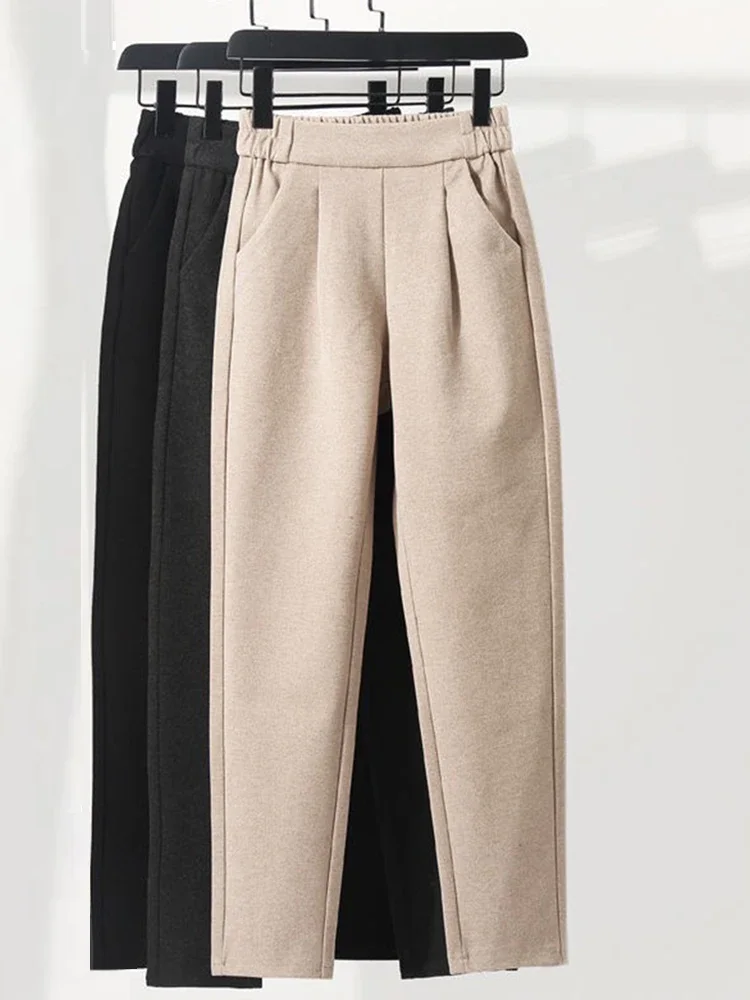 Calça de lã elástica feminina, calça lápis, cintura alta, moda coreana, terno de senhora, outono, inverno, 2024