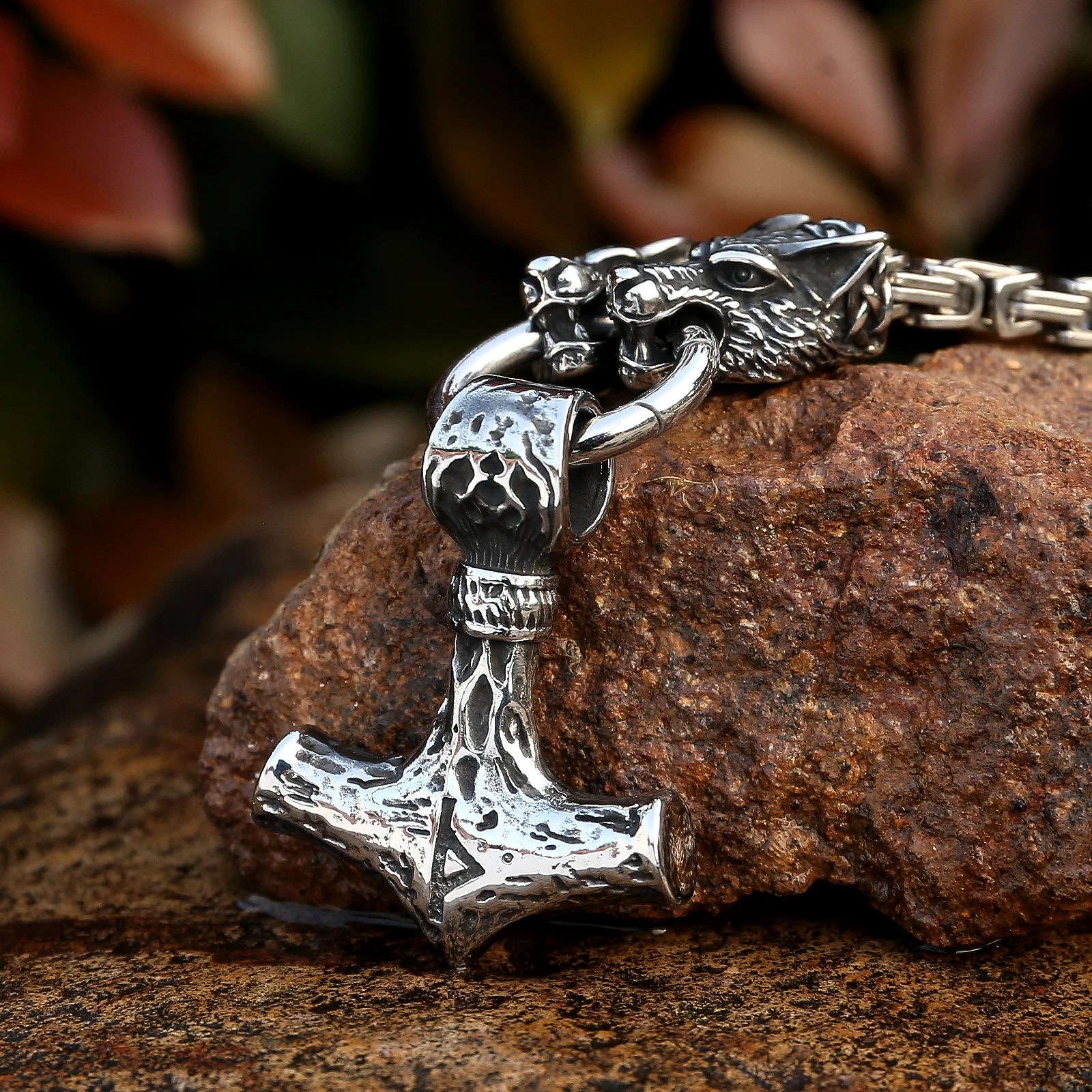 Stainless Steel Wolf Heads Thor's Hammer Pendant King Chain