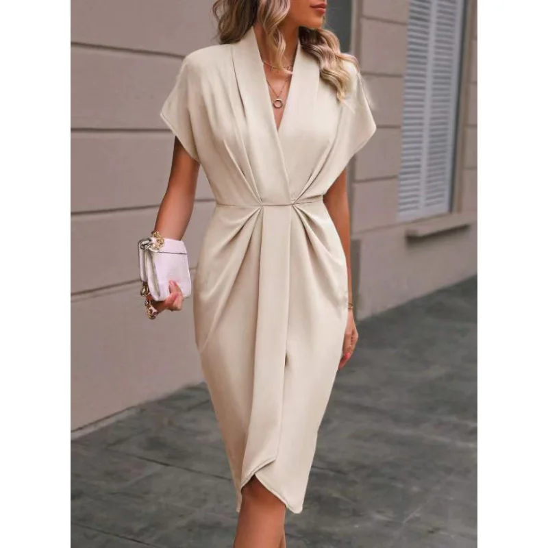 Damen V-Ausschnitt Fledermausärmel Midikleid mit Twist-Taille Wickelrock Einfarbiges Elegantes Büro-Arbeitskleid Formelles Bleistiftkleid in Verschiedenen Farben
